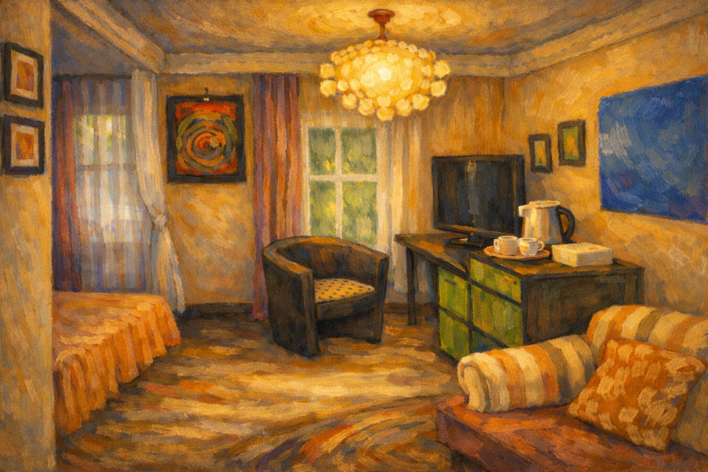 Junior Suite Hundertwasser im Landhaus Gritschacher – künstlerische Darstellung des Zimmers im Hundertwasser-Stil
