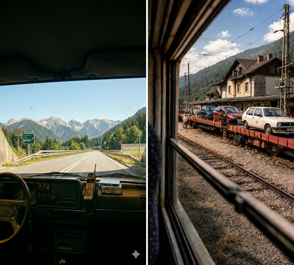 Kombinationsbild mit Anreise auf der Tauernautobahn oder über den Autozug durch die Tauernschleuse nach Mallnitz auf dem Weg ins Drautal.