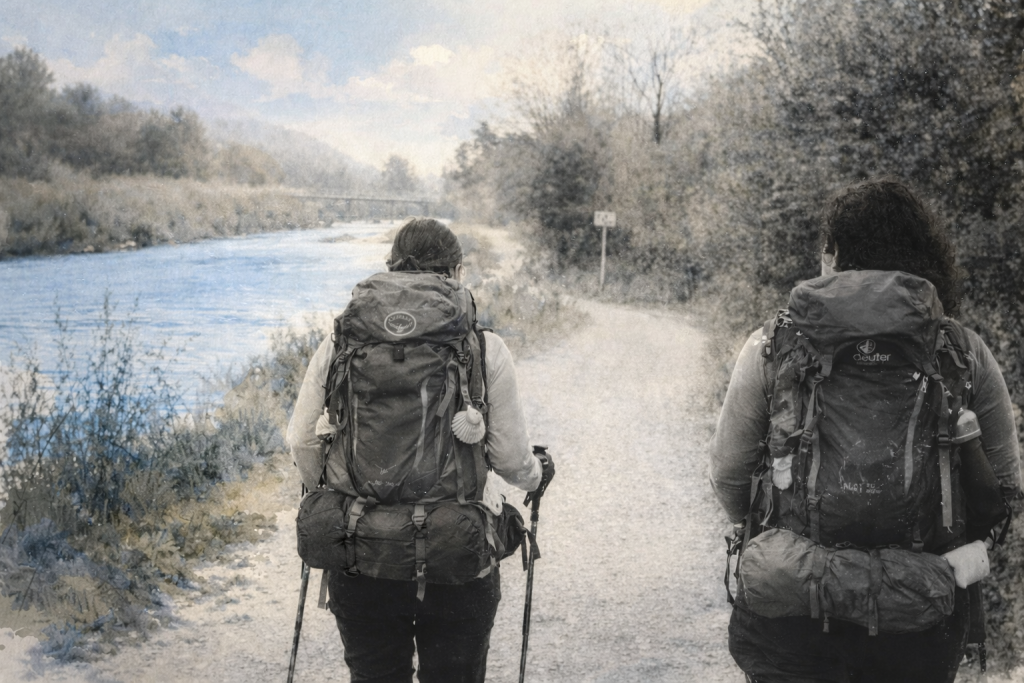 Zwei Wanderer mit Rucksäcken gehen auf einem Weg entlang der Drau vor weiter Landschaft und Bergen.